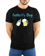 First Father’s Day Baby Bottle Beer Dad Shirt - model wearing black shirt, hands behind back