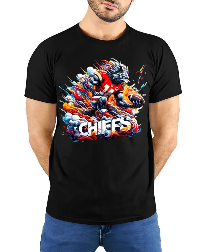 Wild Chiefs Wolf Football Fan Shirt - model wearing black shirt, hands behind back