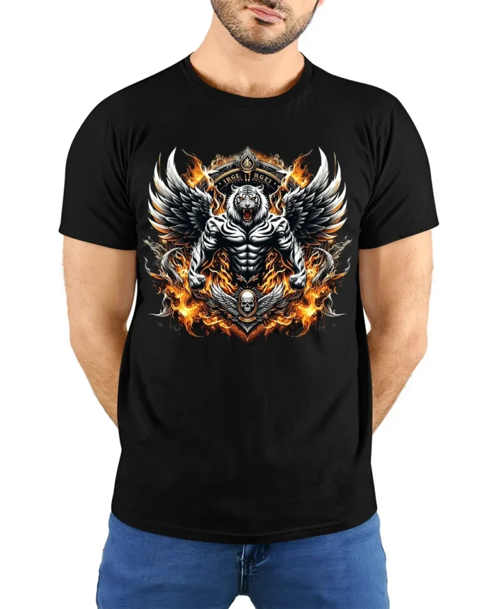 Mystic Tiger Wings Fierce Skull Animal Shirt - model wearing black shirt, hands behind back