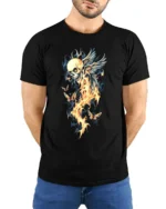 Winged Skull Fire Ethereal Skull Butterfly T-Shirt - model wearing black shirt, hands behind back