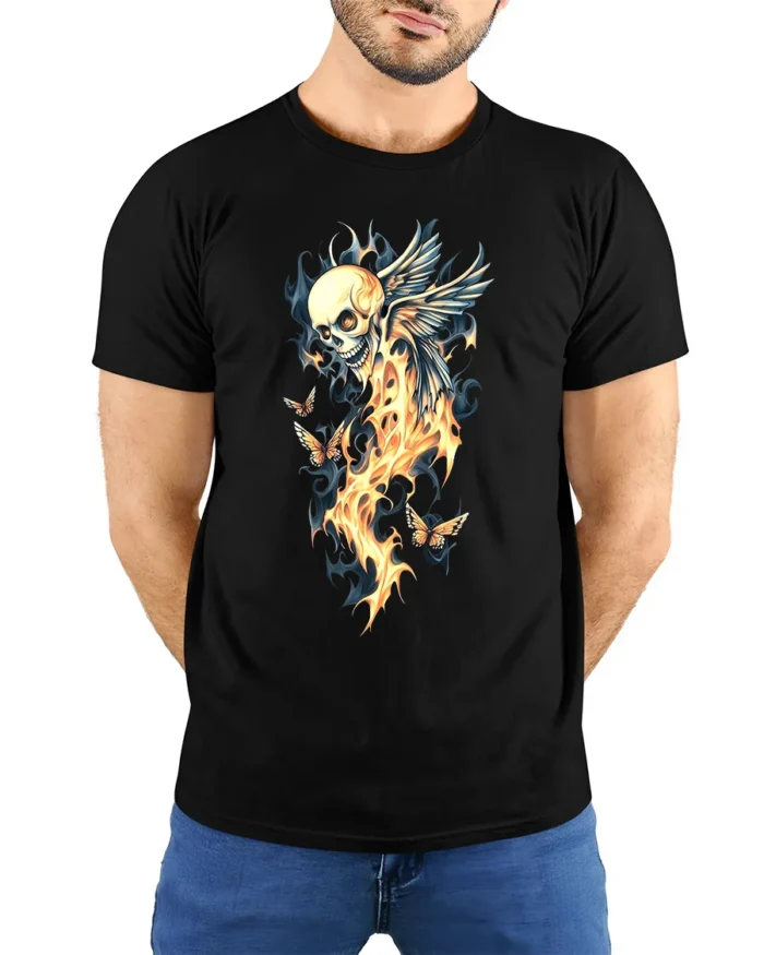 Winged Skull Fire Ethereal Skull Butterfly T-Shirt - model wearing black shirt, hands behind back