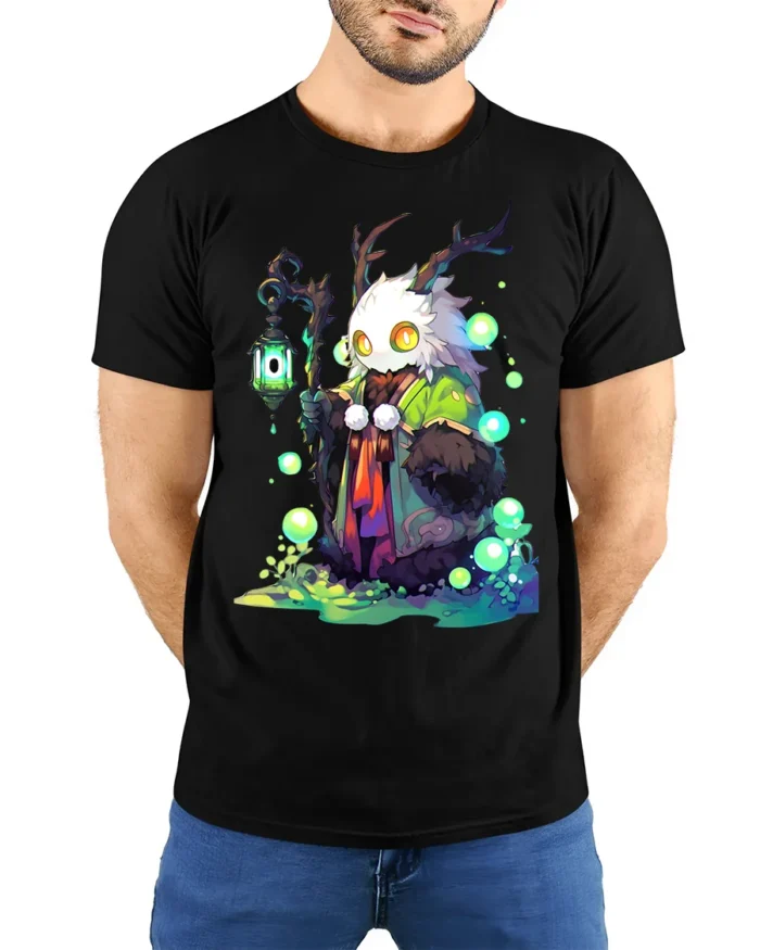 Enchanted Creature Forest Spirit Glow Eye Antler Tee - model wearing black shirt, hands behind back