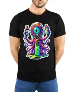 Neon Alien Brain Trippy Monster Glow Monster T-Shirt - model wearing black shirt, hands behind back