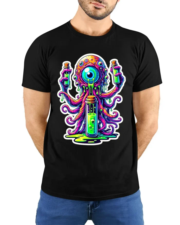 Neon Alien Brain Trippy Monster Glow Monster T-Shirt - model wearing black shirt, hands behind back