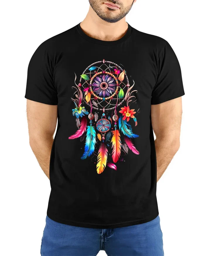 Spirit Catcher Colorful Native American Shirt - model wearing black shirt, hands behind back