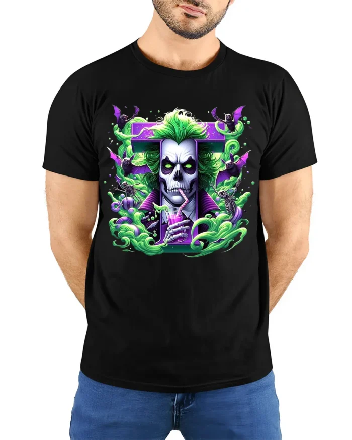 Creepy Joker Halloween Villain Skull Shirt - model wearing black shirt, hands behind back