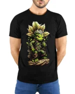 Forest Sprite Cute Plant Creature T-Shirt - model wearing black shirt, hands behind back