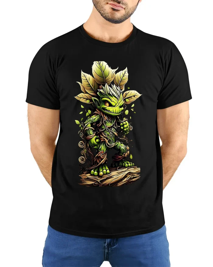 Forest Sprite Cute Plant Creature T-Shirt - model wearing black shirt, hands behind back