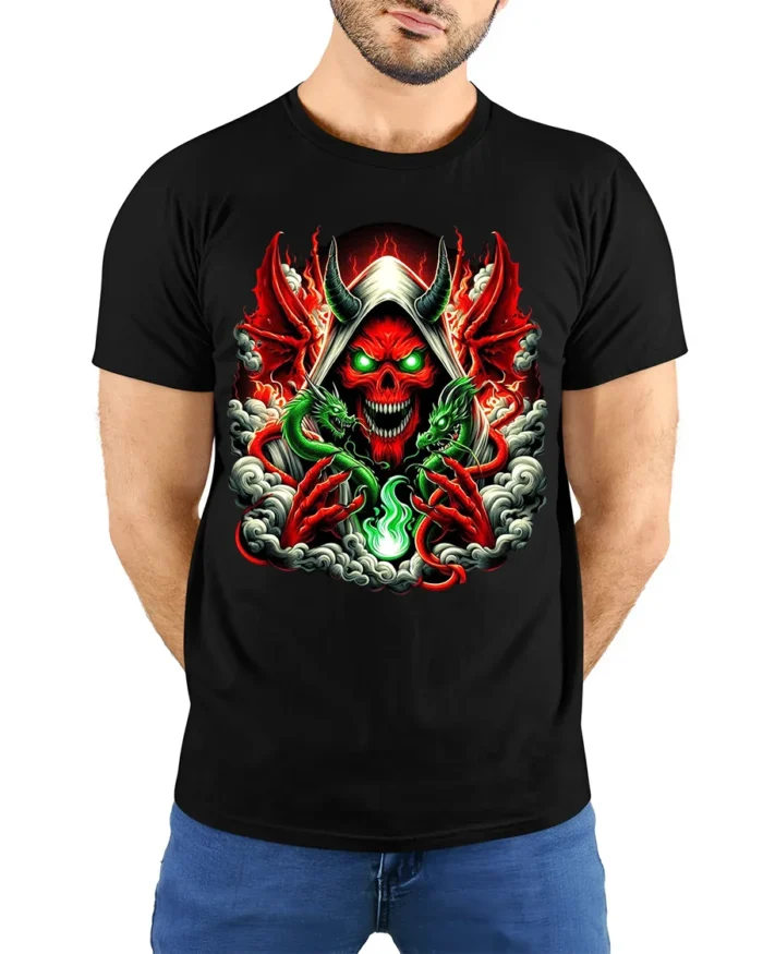 Infernal Skull T-Shirt Red Demon Green Dragon - model wearing black shirt, hands behind back