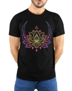 Celestial Lotus T-Shirt Moon Phase Yoga Zen - model wearing black shirt, hands behind back