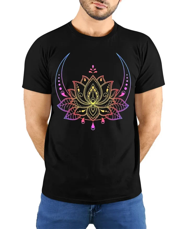 Celestial Lotus T-Shirt Moon Phase Yoga Zen - model wearing black shirt, hands behind back
