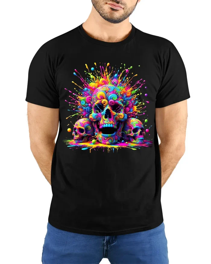 Rainbow Skull T-Shirt Vibrant Splatter Skull - model wearing black shirt, hands behind back
