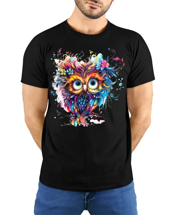 Vibrant Floral Owl Bohemian Style Colorful Bird T-Shirt for Nature Lovers - model wearing black shirt, hands behind back