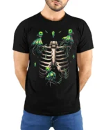 Mystic Skeleton Spirits Chained Glowing Ghosts and Ribcage Graphic Shirt - model wearing black shirt, hands behind back