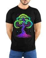 Neon Psychedelic Mushroom Tree Vibrant Trippy Fungi Forest T-Shirt - model wearing black shirt, hands behind back