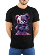 Spooky Cute Bear T-Shirt Creepy Kawaii Teddy Bear Design for Goth Lovers - model wearing black shirt, hands behind back