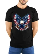 USA Eagle Wings Patriotic American T-Shirt - model wearing black shirt, hands behind back