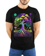 Psychedelic Shroom Tree Colorful Fungi T-Shirt - model wearing black shirt, hands behind back