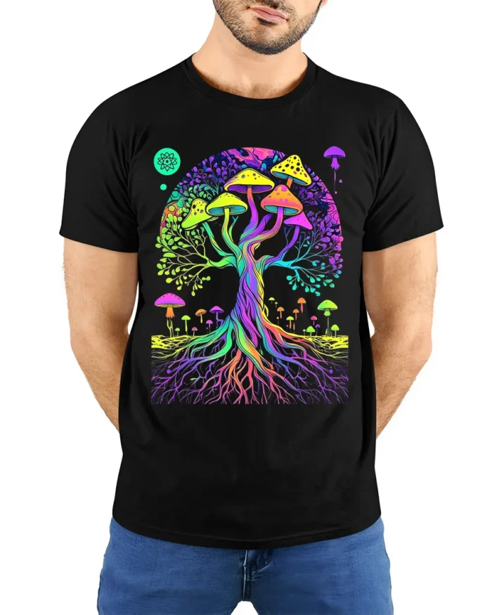 Psychedelic Shroom Tree Colorful Fungi T-Shirt - model wearing black shirt, hands behind back