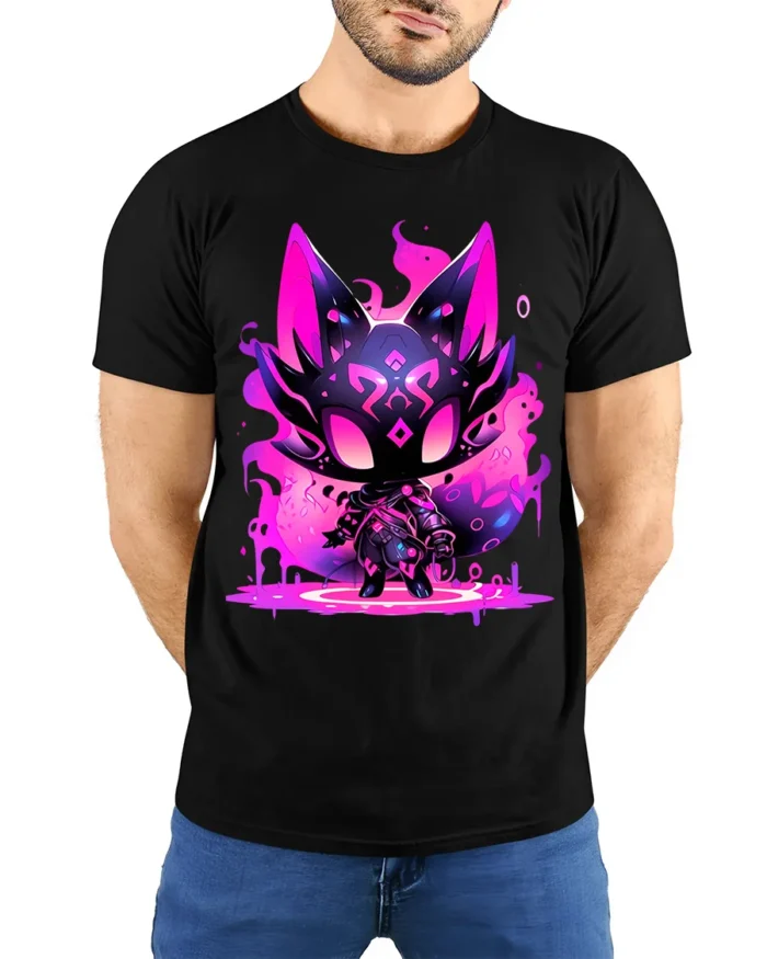 Neon Cat Creature Glowing Fantasy Animal T-Shirt - model wearing black shirt, hands behind back