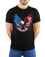 American Eagle Wings Patriotic USA Flag T-Shirt - model wearing black shirt, hands behind back