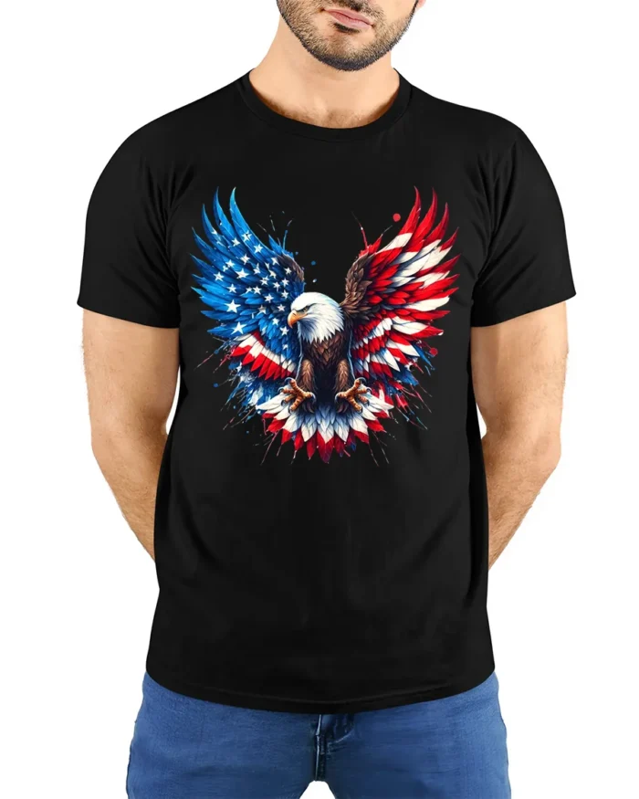 American Eagle Wings Patriotic USA Flag T-Shirt - model wearing black shirt, hands behind back