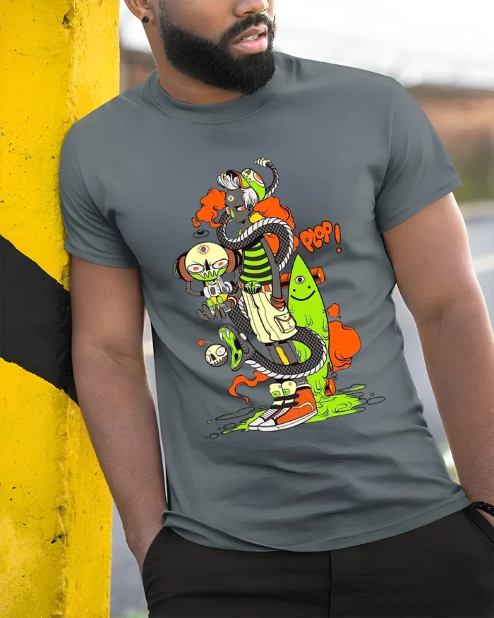 Surreal Monster Stack Funny Cartoon Art T-Shirt - model in grey shirt leaning against column