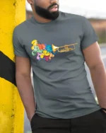 Trumpet Music Colorful Jazz Lover T-Shirt - model in grey shirt leaning against column