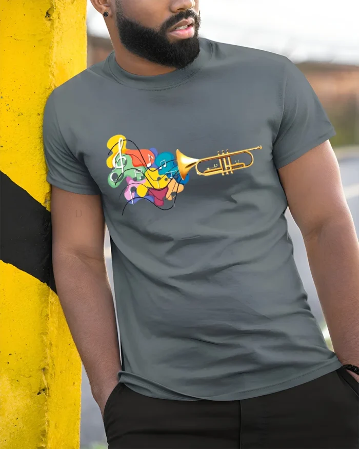 Trumpet Music Colorful Jazz Lover T-Shirt - model in grey shirt leaning against column