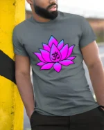 Meditation Lotus T-Shirt Om Symbol Yoga Zen - model in grey shirt leaning against column