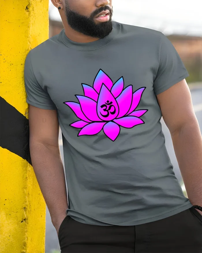 Meditation Lotus T-Shirt Om Symbol Yoga Zen - model in grey shirt leaning against column