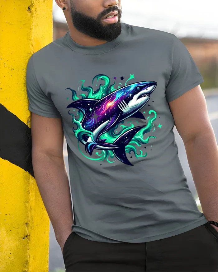 Galaxy Shark Cosmic Space Predator T-Shirt - model in grey shirt leaning against column