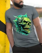 Radioactive Skull T-Shirt Edgy Green Skull - model in grey shirt leaning against column
