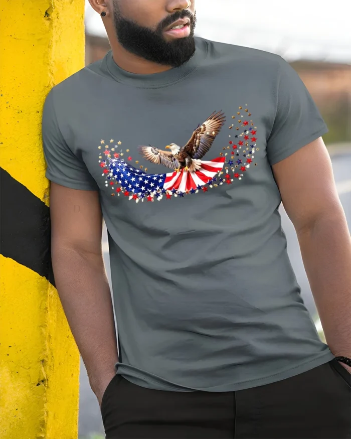 American Eagle T-Shirt Stars and Stripes - model in grey shirt leaning against column