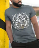 Warrior Lion T-Shirt Muscular Lion Skull Design - model in grey shirt leaning against column