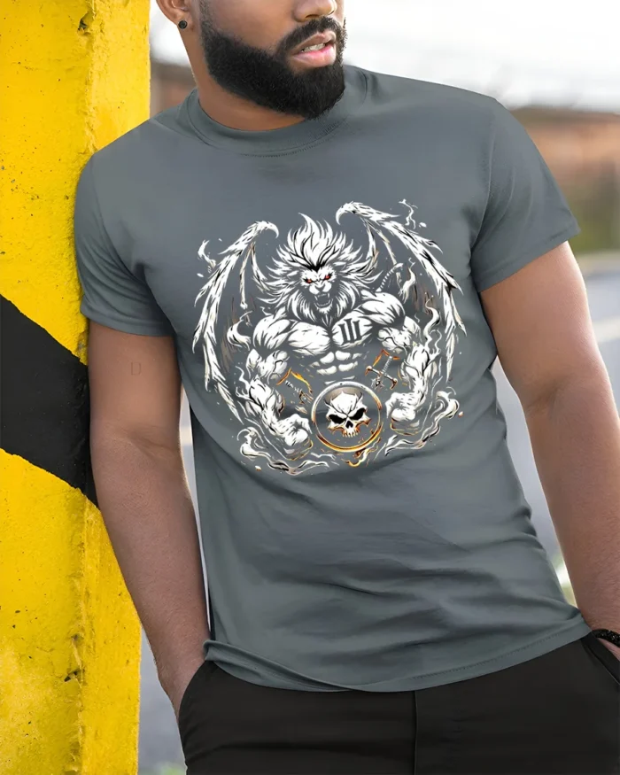 Warrior Lion T-Shirt Muscular Lion Skull Design - model in grey shirt leaning against column