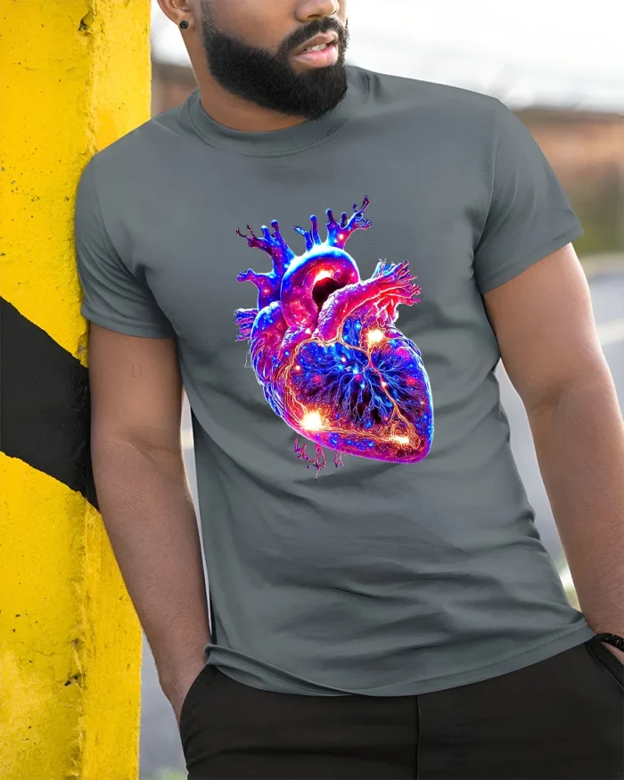 Neon Heart Vibrant Anatomical Love T-Shirt - model in grey shirt leaning against column