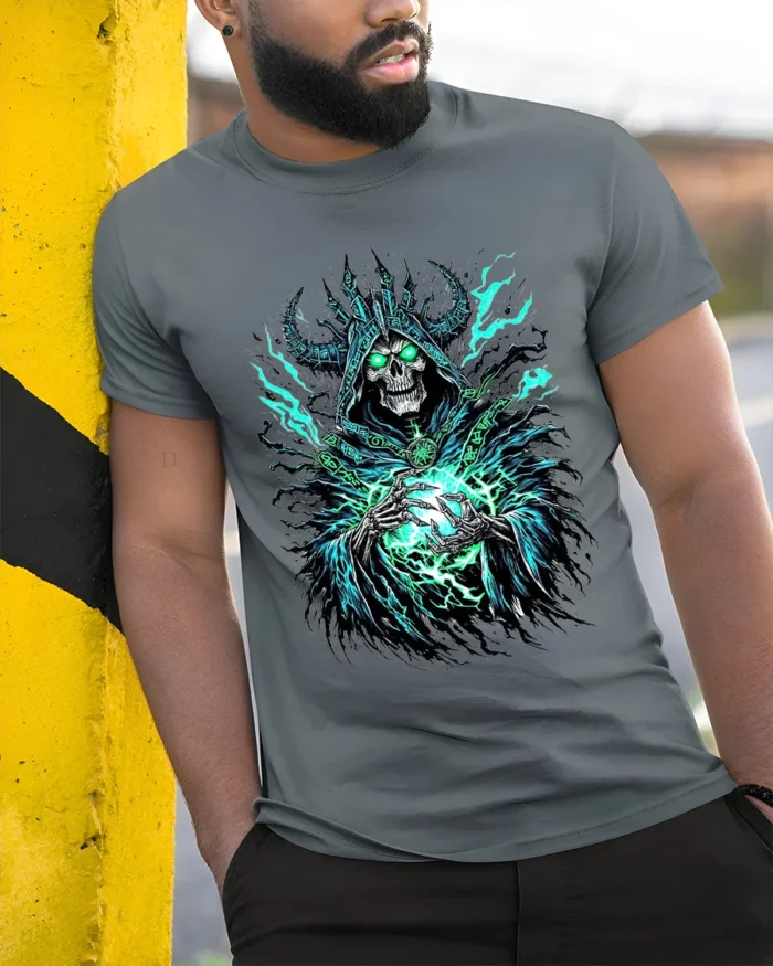 Necromancer Eerie Green Skull Sorcerer - model in grey shirt leaning against column