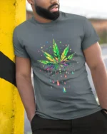 Psychedelic Leaf Colorful Marijuana T-Shirt - model in grey shirt leaning against column