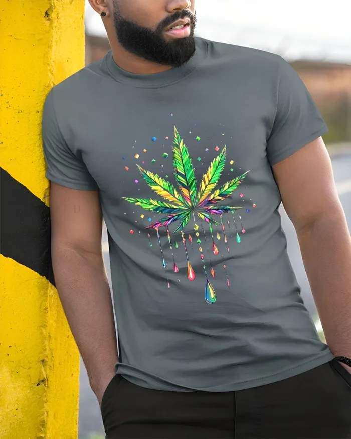 Psychedelic Leaf Colorful Marijuana T-Shirt - model in grey shirt leaning against column