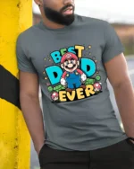 Retro Dad Gamer Best Dad Ever Mario Now - model in grey shirt leaning against column