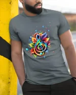 Rainbow Music Colorful Treble Clef Shirt - model in grey shirt leaning against column