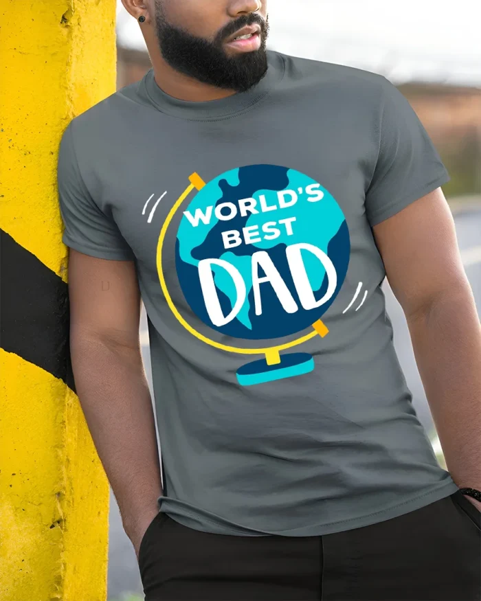 World’s Best Dad Father’s Day Globe T-Shirt - model in grey shirt leaning against column