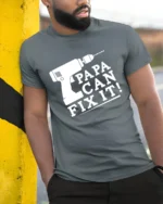 Papa Fix It Funny Dad Repair T-Shirt Gift - model in grey shirt leaning against column