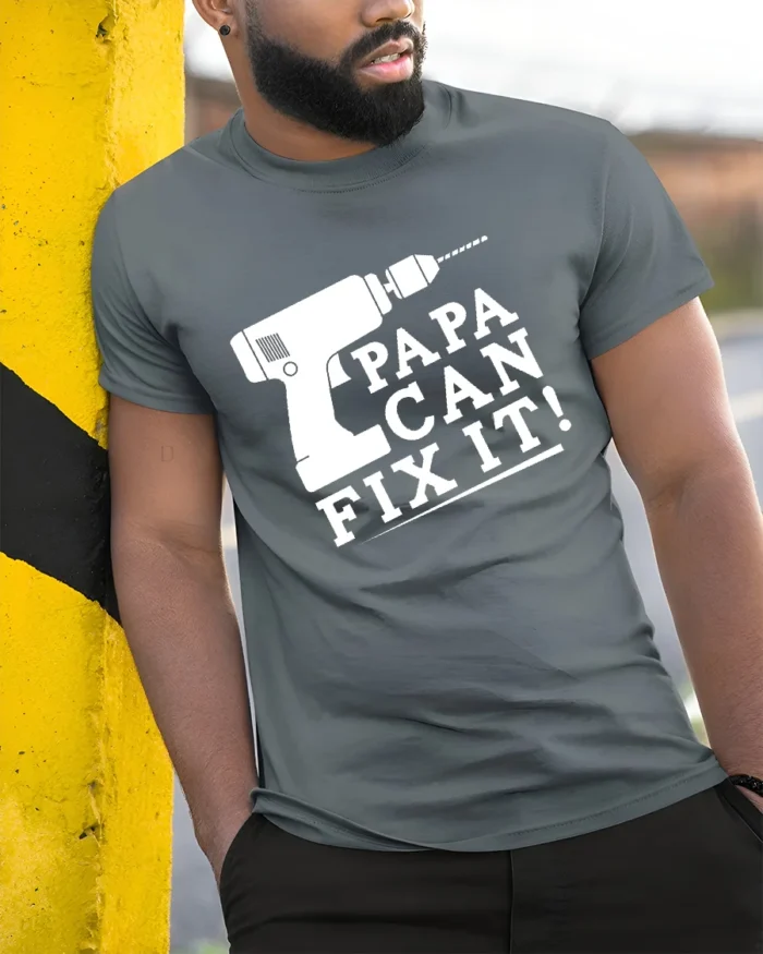 Papa Fix It Funny Dad Repair T-Shirt Gift - model in grey shirt leaning against column