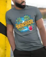 Hornesbuger Beach Tropical Vacation T-Shirt - model in grey shirt leaning against column