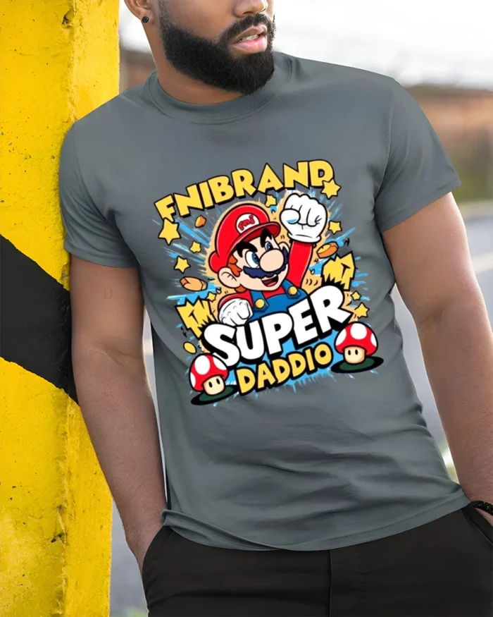 Video Game Dad T-Shirt Super Daddio Mario - model in grey shirt leaning against column