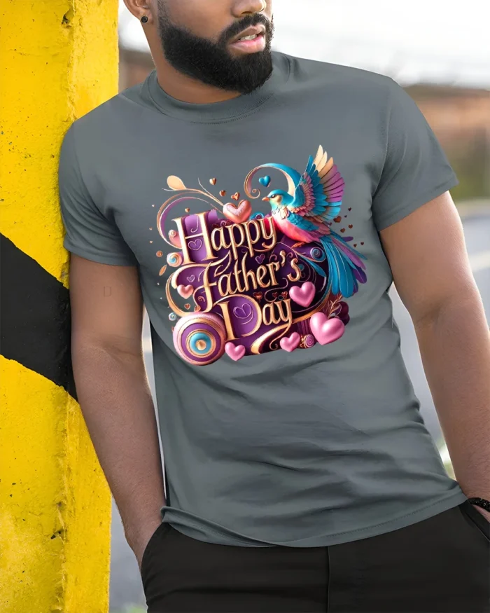 Love Dad T-Shirt Father’s Day Bird Heart - model in grey shirt leaning against column