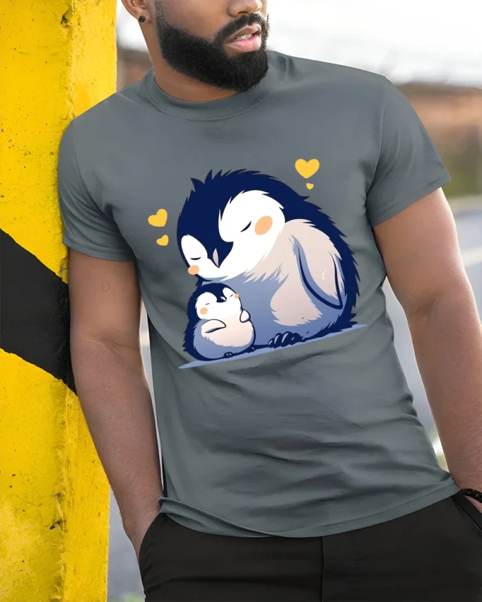 Loving Penguin T-Shirt Heartfelt Family - model in grey shirt leaning against column