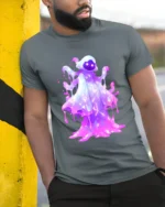 Glow Slime Cool Purple Creature T-Shirt - model in grey shirt leaning against column